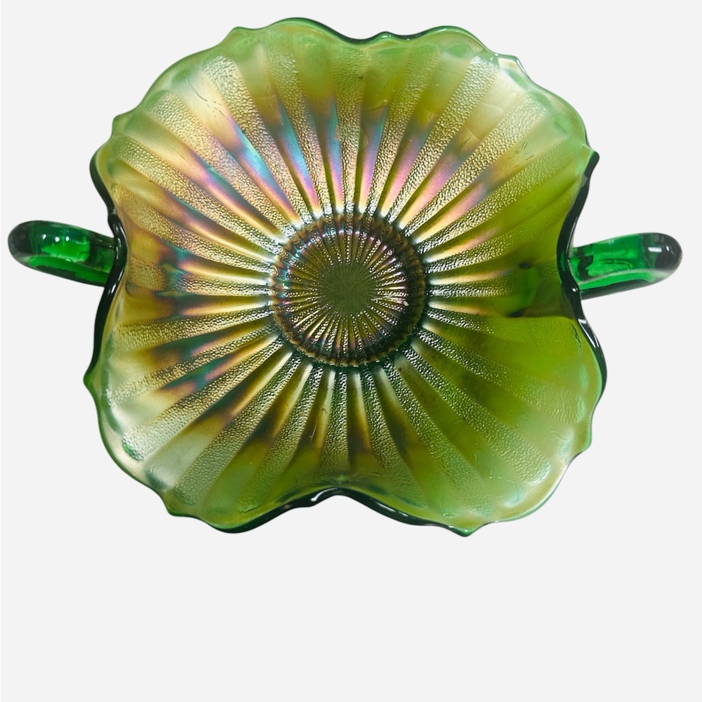 Vintage Fenton Green Carnival Glass Stippled  Rays Double Handled Bon Bon Dish